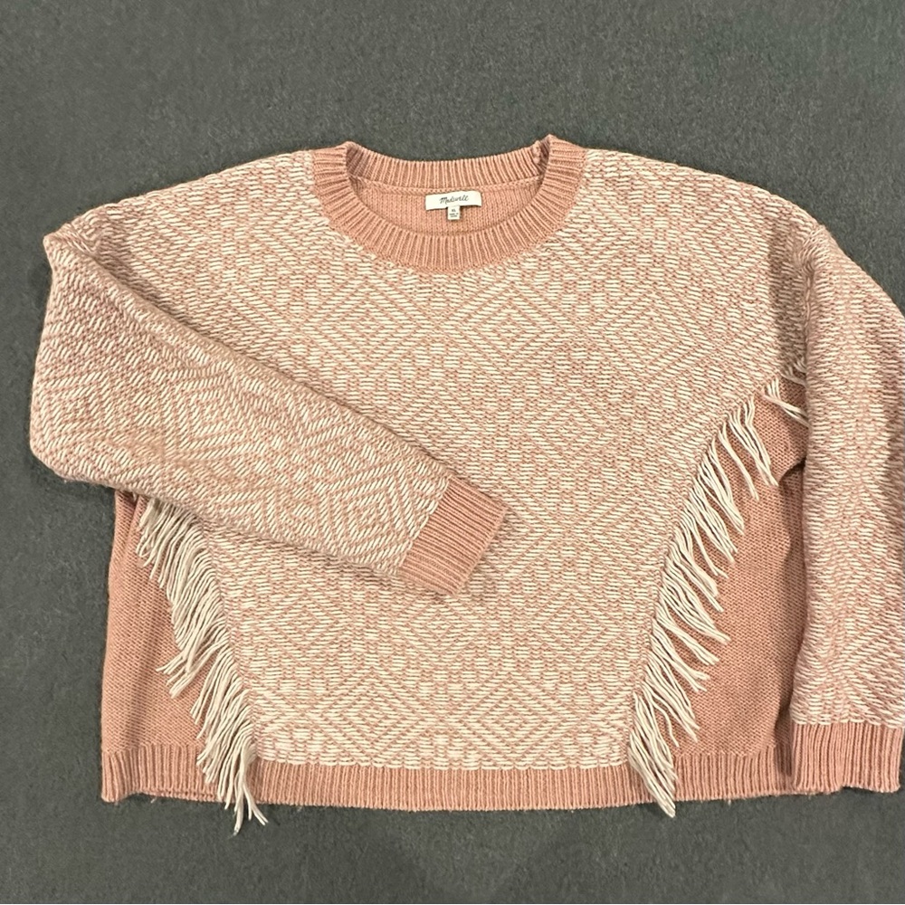 Madewell Blush Fringed Crew Neck Sweater